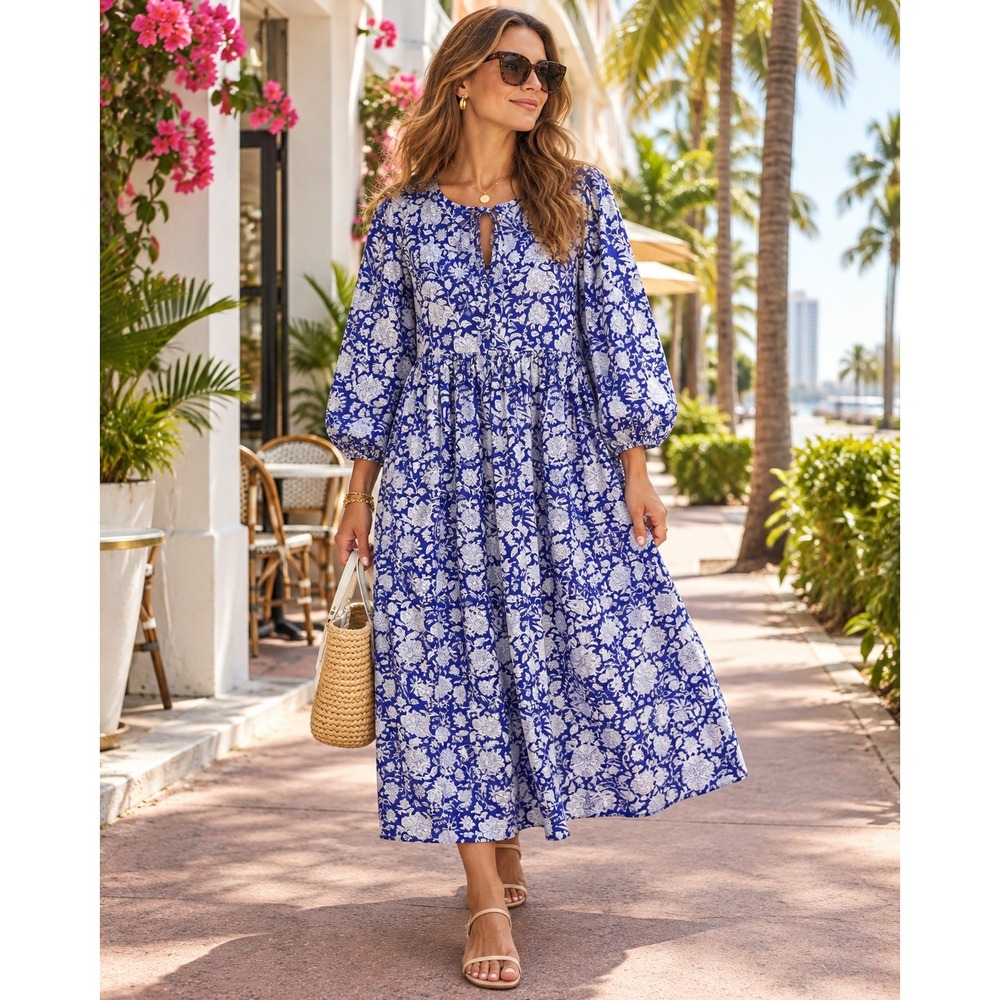 House of Sundar 100% Cotton Boho Floral Cottagecore Dress Balloon Sleeve Large